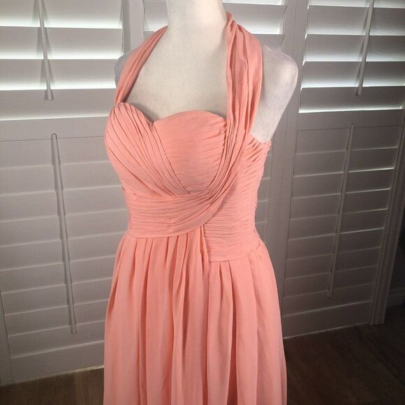 Peach Chiffon Cocktail Dress 6 Bridesmaid Homecoming Pleated Bodice Halter - Picture 8 of 11